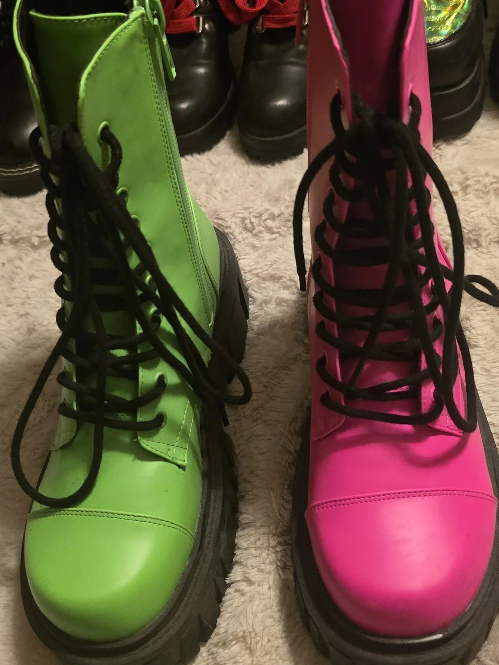 Neon Green & Hot Pink Platform Combat Boots - Women's Lace-Up - Picture 8 of 9
